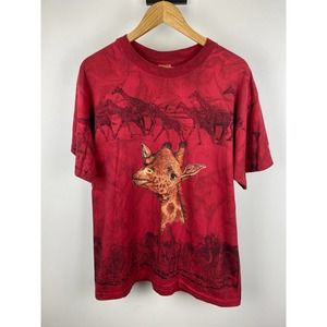 Giraffe Animal Big Print AOP All Over Print Tee Safari Single Stitch Red - XL